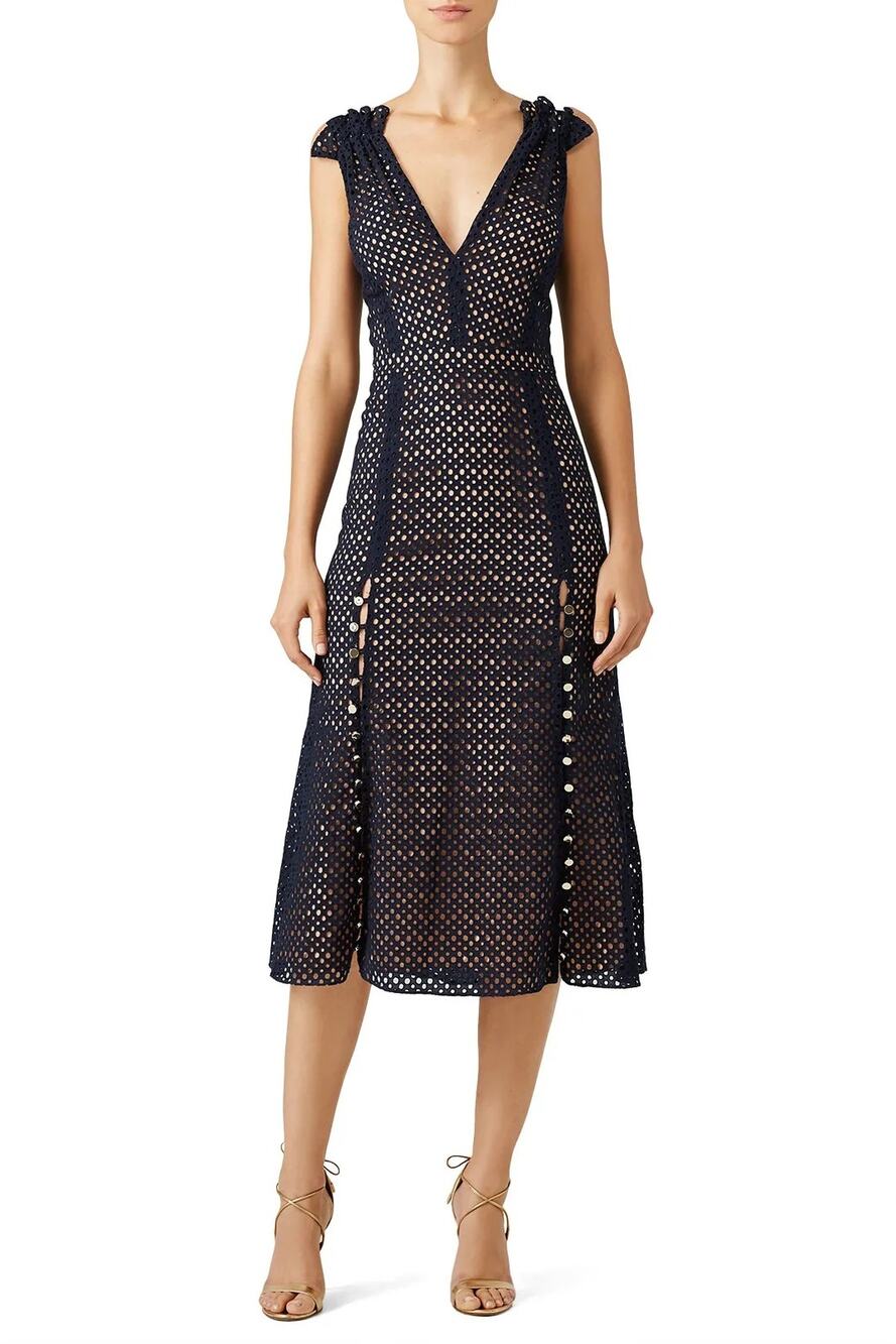 Prabal Gurung Lace Cotton Eyelet Dress Sleeveless V-Neck Midi A-Line Navy Blue 2